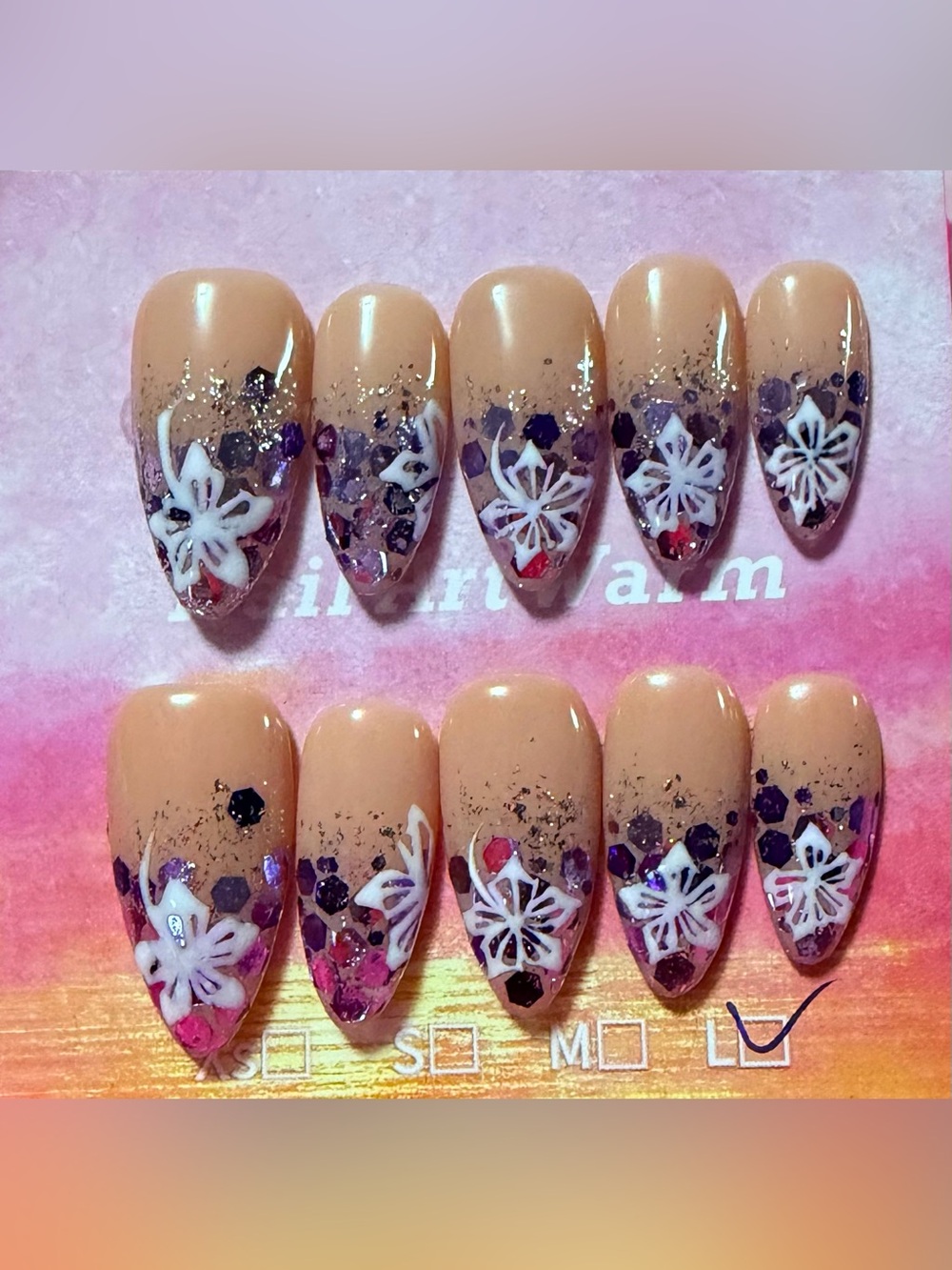 Nude Purple Floral Glitter Press-On Nail Set